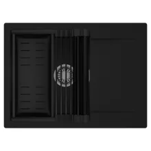 HD Onyx Black 68-XL egymedencés mosogatótálca szett, matt fekete csepegtetőráccsal és kosárral, csepegtetőtálcával, matt fekete színben, szálcsiszolt króm leeresztő szifonnal