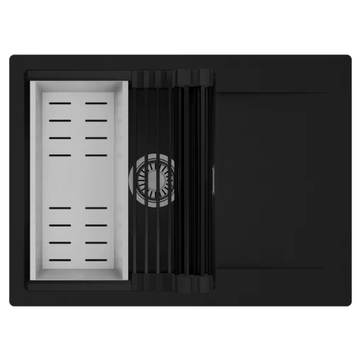 HD Onyx Black 68-XL egymedencés mosogatótálca szett, matt fekete csepegtetőráccsal és krómozott kosárral, csepegtetőtálcával, matt fekete színben, szálcsiszolt króm leeresztő szifonnal