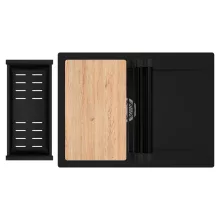 HD Onyx Black 68-XL egymedencés gránit mosogatótálca szett, csepegtetőtálcával, vágódeszkával, matt fekete csepegtetőráccsal és kosárral, matt fekete színben, szálcsiszolt króm leeresztő szifonnal