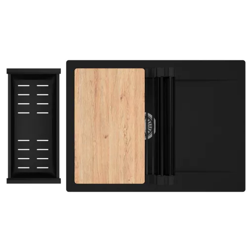 HD Onyx Black 68-XL egymedencés gránit mosogatótálca szett, csepegtetőtálcával, vágódeszkával, matt fekete csepegtetőráccsal és kosárral, matt fekete színben, szálcsiszolt króm leeresztő szifonnal