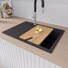 HD Onyx Black 68-XL egymedencés gránit mosogatótálca szett, csepegtetőtálcával, vágódeszkával, matt fekete csepegtetőráccsal és krómozott kosárral, matt fekete színben, szálcsiszolt króm leeresztő szifonnal