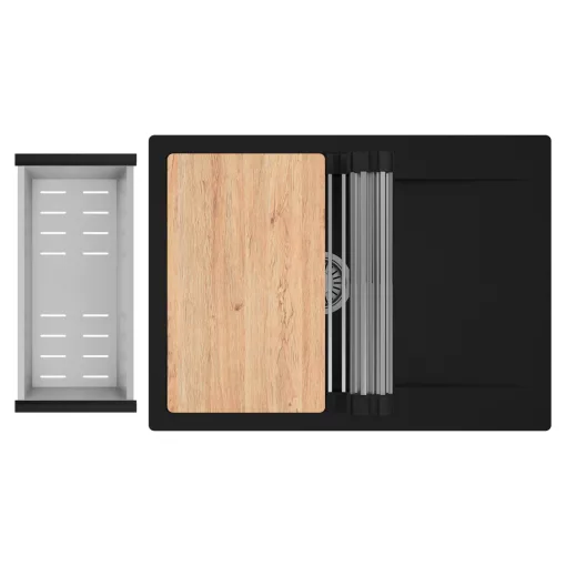 HD Onyx Black 68-XL egymedencés gránit mosogatótálca szett, csepegtetőtálcával, vágódeszkával, acél csepegtetőráccsal és kosárral, matt fekete színben, szálcsiszolt króm leeresztő szifonnal