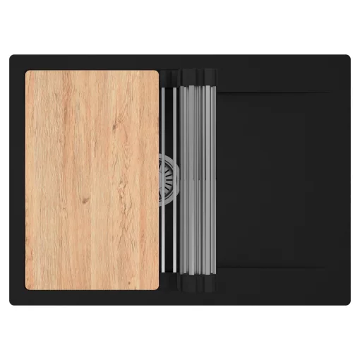 HD Onyx Black 68-XL egymedencés gránit mosogatótálca szett, csepegtetőtálcával, vágódeszkával, acél csepegtetőráccsal, matt fekete színben, szálcsiszolt króm leeresztő szifonnal