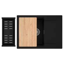 HD Onyx Black 68-XL egymedencés gránit mosogatótálca szett, csepegtetőtálcával, vágódeszkával, matt fekete csepegtetőkosárral, matt fekete színben, szálcsiszolt króm leeresztő szifonnal