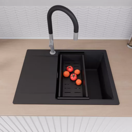 HD Onyx Black 68-XL egymedencés gránit mosogatótálca szett, csepegtetőtálcával, vágódeszkával, matt fekete csepegtetőkosárral, matt fekete színben, szálcsiszolt króm leeresztő szifonnal