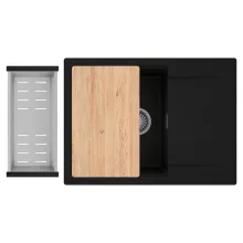 HD Onyx Black 68-XL egymedencés gránit mosogatótálca szett, csepegtetőtálcával, vágódeszkával, acél csepegtetőkosárral, matt fekete színben, szálcsiszolt króm leeresztő szifonnal