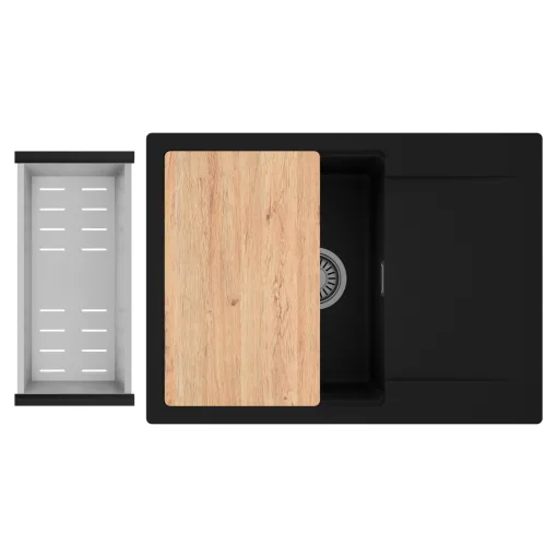 HD Onyx Black 68-XL egymedencés gránit mosogatótálca szett, csepegtetőtálcával, vágódeszkával, acél csepegtetőkosárral, matt fekete színben, szálcsiszolt króm leeresztő szifonnal
