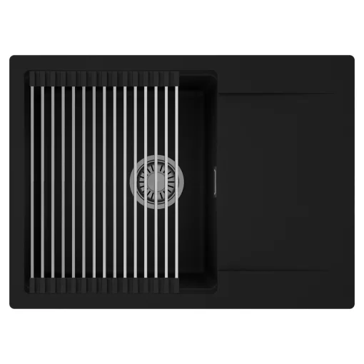 HD Onyx Black 68-XL egymedencés mosogatótálca szett, acél csepegtetőráccsal, csepegtetőtálcával, matt fekete színben, szálcsiszolt króm leeresztő szifonnal