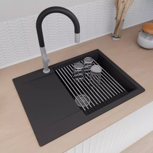 HD Onyx Black 68-XL egymedencés mosogatótálca szett, acél csepegtetőráccsal, csepegtetőtálcával, matt fekete színben, szálcsiszolt króm leeresztő szifonnal