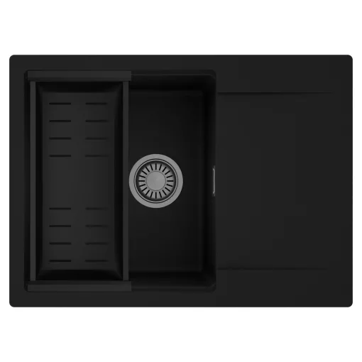 HD Onyx Black 68-XL egymedencés mosogatótálca szett, matt fekete csepegtetőkosárral, csepegtetőtálcával, matt fekete színben, szálcsiszolt króm leeresztő szifonnal