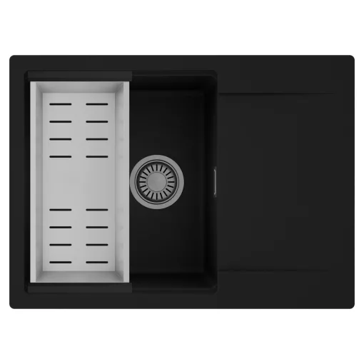 HD Onyx Black 68-XL egymedencés mosogatótálca szett, acél csepegtetőkosárral, csepegtetőtálcával, matt fekete színben, szálcsiszolt króm leeresztő szifonnal