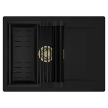 HD Onyx Black 68-XL egymedencés mosogatótálca szett, matt fekete csepegtetőráccsal és kosárral, csepegtetőtálcával, matt fekete színben, szálcsiszolt arany leeresztő szifonnal