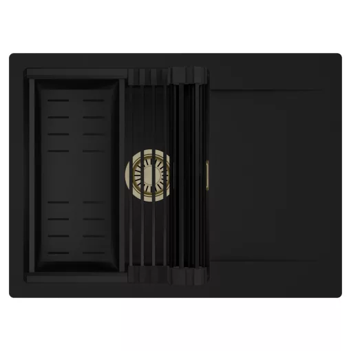 HD Onyx Black 68-XL egymedencés mosogatótálca szett, matt fekete csepegtetőráccsal és kosárral, csepegtetőtálcával, matt fekete színben, szálcsiszolt arany leeresztő szifonnal