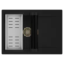 HD Onyx Black 68-XL egymedencés mosogatótálca szett, matt fekete csepegtetőráccsal és krómozott kosárral, csepegtetőtálcával, matt fekete színben, szálcsiszolt arany leeresztő szifonnal