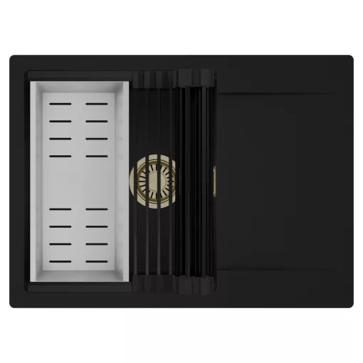 HD Onyx Black 68-XL egymedencés mosogatótálca szett, matt fekete csepegtetőráccsal és krómozott kosárral, csepegtetőtálcával, matt fekete színben, szálcsiszolt arany leeresztő szifonnal