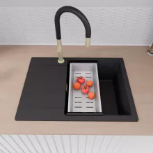 HD Onyx Black 68-XL egymedencés mosogatótálca szett, matt fekete csepegtetőráccsal és krómozott kosárral, csepegtetőtálcával, matt fekete színben, szálcsiszolt arany leeresztő szifonnal