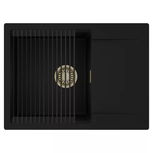 HD Onyx Black 68-XL egymedencés mosogatótálca szett, matt fekete csepegtetőráccsal, csepegtetőtálcával, matt fekete színben, szálcsiszolt arany leeresztő szifonnal