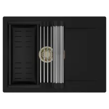 HD Onyx Black 68-XL egymedencés mosogatótálca szett, acél csepegtetőráccsal és matt fekete kosárral, csepegtetőtálcával, matt fekete színben, szálcsiszolt arany leeresztő szifonnal