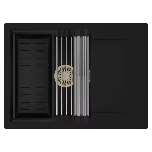 HD Onyx Black 68-XL egymedencés mosogatótálca szett, acél csepegtetőráccsal és matt fekete kosárral, csepegtetőtálcával, matt fekete színben, szálcsiszolt arany leeresztő szifonnal