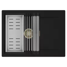 HD Onyx Black 68-XL egymedencés mosogatótálca szett, acél csepegtetőráccsal és kosárral, csepegtetőtálcával, matt fekete színben, szálcsiszolt arany leeresztő szifonnal