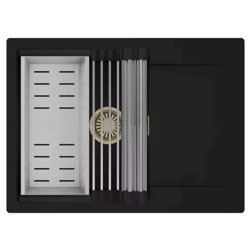 HD Onyx Black 68-XL egymedencés mosogatótálca szett, acél csepegtetőráccsal és kosárral, csepegtetőtálcával, matt fekete színben, szálcsiszolt arany leeresztő szifonnal