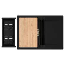 HD Onyx Black 68-XL egymedencés gránit mosogatótálca szett, csepegtetőtálcával, vágódeszkával, matt fekete csepegtetőráccsal és kosárral, matt fekete színben, szálcsiszolt arany leeresztő szifonnal