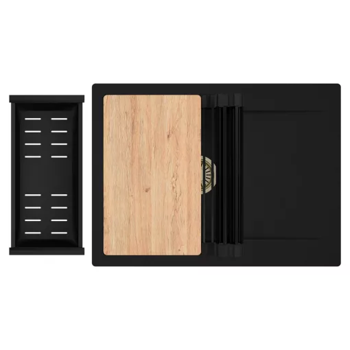 HD Onyx Black 68-XL egymedencés gránit mosogatótálca szett, csepegtetőtálcával, vágódeszkával, matt fekete csepegtetőráccsal és kosárral, matt fekete színben, szálcsiszolt arany leeresztő szifonnal