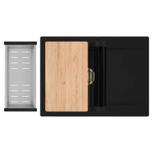 HD Onyx Black 68-XL egymedencés gránit mosogatótálca szett, csepegtetőtálcával, vágódeszkával, matt fekete csepegtetőráccsal és krómozott kosárral, matt fekete színben, szálcsiszolt arany leeresztő szifonnal