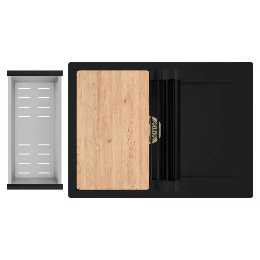 HD Onyx Black 68-XL egymedencés gránit mosogatótálca szett, csepegtetőtálcával, vágódeszkával, matt fekete csepegtetőráccsal és krómozott kosárral, matt fekete színben, szálcsiszolt arany leeresztő szifonnal