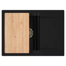 HD Onyx Black 68-XL egymedencés gránit mosogatótálca szett, csepegtetőtálcával, vágódeszkával, matt fekete csepegtetőráccsal, matt fekete színben, szálcsiszolt arany leeresztő szifonnal