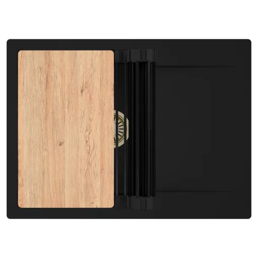 HD Onyx Black 68-XL egymedencés gránit mosogatótálca szett, csepegtetőtálcával, vágódeszkával, matt fekete csepegtetőráccsal, matt fekete színben, szálcsiszolt arany leeresztő szifonnal