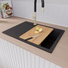 HD Onyx Black 68-XL egymedencés gránit mosogatótálca szett, csepegtetőtálcával, vágódeszkával, matt fekete csepegtetőráccsal, matt fekete színben, szálcsiszolt arany leeresztő szifonnal