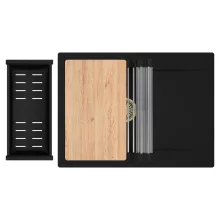 HD Onyx Black 68-XL egymedencés gránit mosogatótálca szett, csepegtetőtálcával, vágódeszkával, acél csepegtetőráccsal és matt fekete kosárral, matt fekete színben, szálcsiszolt arany leeresztő szifonnal