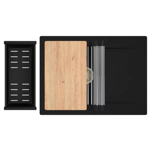 HD Onyx Black 68-XL egymedencés gránit mosogatótálca szett, csepegtetőtálcával, vágódeszkával, acél csepegtetőráccsal és matt fekete kosárral, matt fekete színben, szálcsiszolt arany leeresztő szifonnal