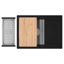 HD Onyx Black 68-XL egymedencés gránit mosogatótálca szett, csepegtetőtálcával, vágódeszkával, acél csepegtetőráccsal és kosárral, matt fekete színben, szálcsiszolt arany leeresztő szifonnal