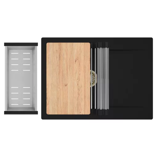 HD Onyx Black 68-XL egymedencés gránit mosogatótálca szett, csepegtetőtálcával, vágódeszkával, acél csepegtetőráccsal és kosárral, matt fekete színben, szálcsiszolt arany leeresztő szifonnal