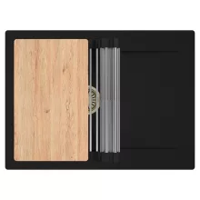 HD Onyx Black 68-XL egymedencés gránit mosogatótálca szett, csepegtetőtálcával, vágódeszkával, acél csepegtetőráccsal, matt fekete színben, szálcsiszolt arany leeresztő szifonnal