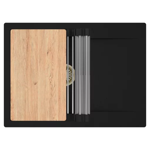 HD Onyx Black 68-XL egymedencés gránit mosogatótálca szett, csepegtetőtálcával, vágódeszkával, acél csepegtetőráccsal, matt fekete színben, szálcsiszolt arany leeresztő szifonnal