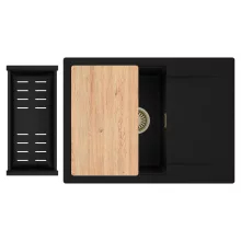 HD Onyx Black 68-XL egymedencés gránit mosogatótálca szett, csepegtetőtálcával, vágódeszkával, matt fekete csepegtetőkosárral, matt fekete színben, szálcsiszolt arany leeresztő szifonnal