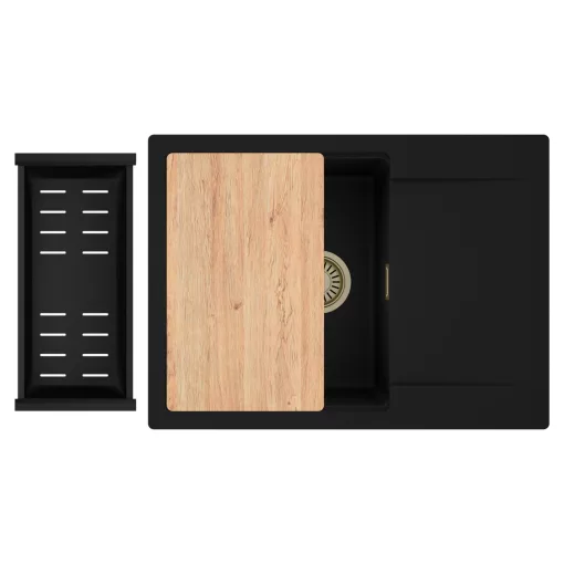 HD Onyx Black 68-XL egymedencés gránit mosogatótálca szett, csepegtetőtálcával, vágódeszkával, matt fekete csepegtetőkosárral, matt fekete színben, szálcsiszolt arany leeresztő szifonnal