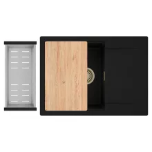 HD Onyx Black 68-XL egymedencés gránit mosogatótálca szett, csepegtetőtálcával, vágódeszkával, acél csepegtetőkosárral, matt fekete színben, szálcsiszolt arany leeresztő szifonnal