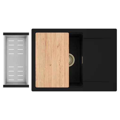 HD Onyx Black 68-XL egymedencés gránit mosogatótálca szett, csepegtetőtálcával, vágódeszkával, acél csepegtetőkosárral, matt fekete színben, szálcsiszolt arany leeresztő szifonnal