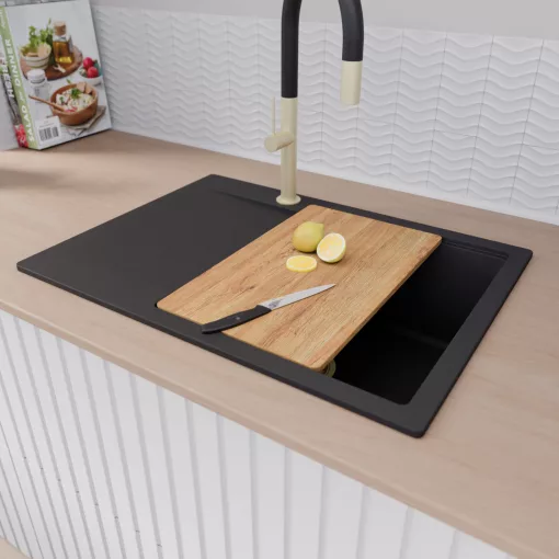 HD Onyx Black 68-XL egymedencés gránit mosogatótálca szett, csepegtetőtálcával, vágódeszkával, acél csepegtetőkosárral, matt fekete színben, szálcsiszolt arany leeresztő szifonnal