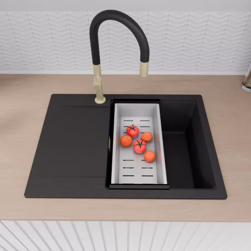 HD Onyx Black 68-XL egymedencés gránit mosogatótálca szett, csepegtetőtálcával, vágódeszkával, acél csepegtetőkosárral, matt fekete színben, szálcsiszolt arany leeresztő szifonnal