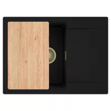 HD Onyx Black 68-XL egymedencés gránit mosogatótálca, vágódeszkával, matt fekete színben, szálcsiszolt arany leeresztő szifonnal