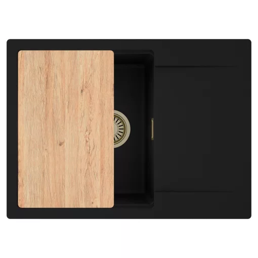 HD Onyx Black 68-XL egymedencés gránit mosogatótálca, vágódeszkával, matt fekete színben, szálcsiszolt arany leeresztő szifonnal