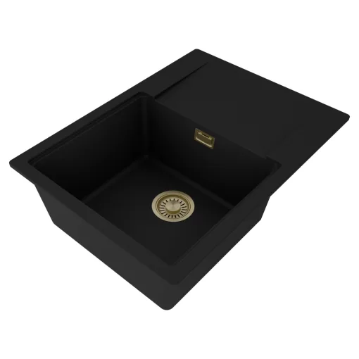 HD Onyx Black 68-XL egymedencés gránit mosogatótálca, vágódeszkával, matt fekete színben, szálcsiszolt arany leeresztő szifonnal