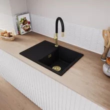 HD Onyx Black 68-XL egymedencés gránit mosogatótálca, vágódeszkával, matt fekete színben, szálcsiszolt arany leeresztő szifonnal