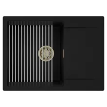 HD Onyx Black 68-XL egymedencés mosogatótálca szett, acél csepegtetőráccsal, csepegtetőtálcával, matt fekete színben, szálcsiszolt arany leeresztő szifonnal