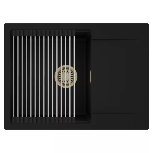 HD Onyx Black 68-XL egymedencés mosogatótálca szett, acél csepegtetőráccsal, csepegtetőtálcával, matt fekete színben, szálcsiszolt arany leeresztő szifonnal